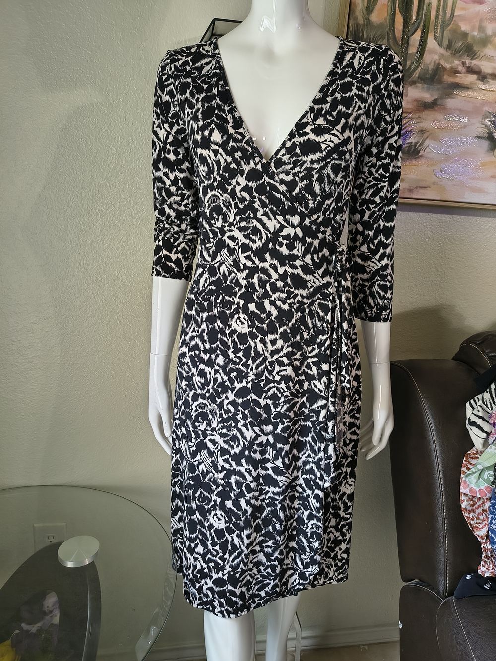 BCBGMaxAzria Black and White Printed Wrap Midi Dress